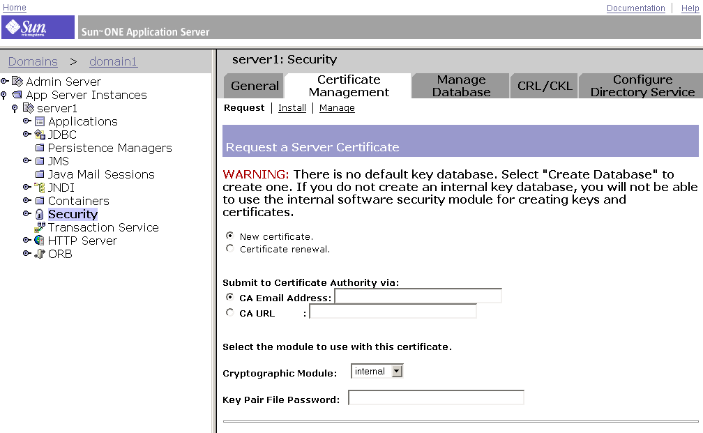 This screen capture shows the page for requesting a server certificate. 
