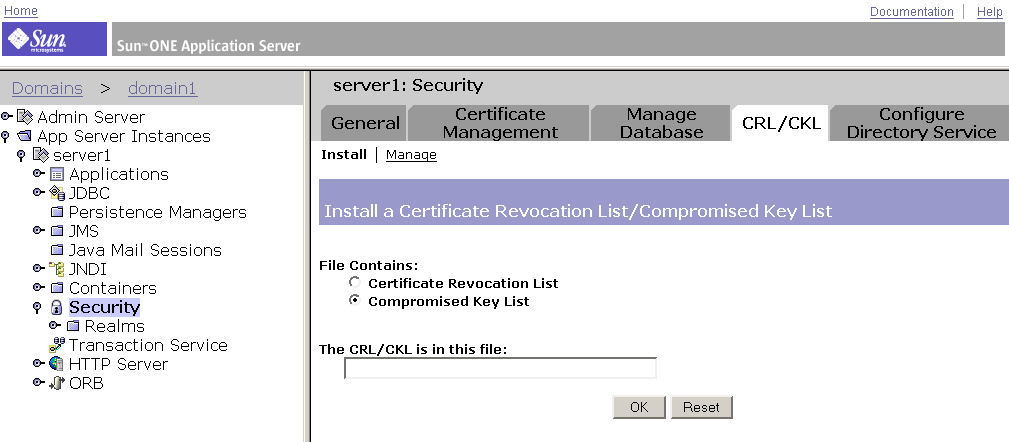 This screen capture shows the page for installing a certificate revocation list (CRL) or a compromised key list (CKL). 
